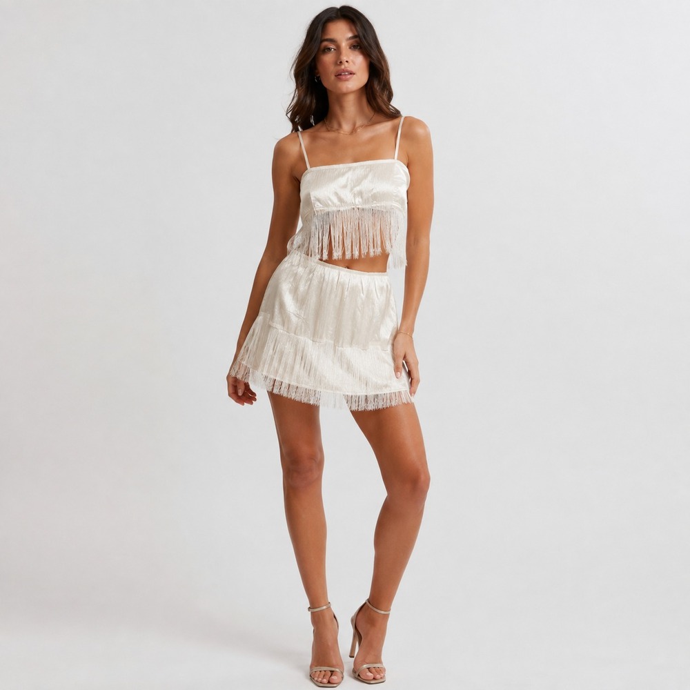 12th Tribe Two-Piece Women's Top & Mini Skirt Fringe Trim Set White Medium